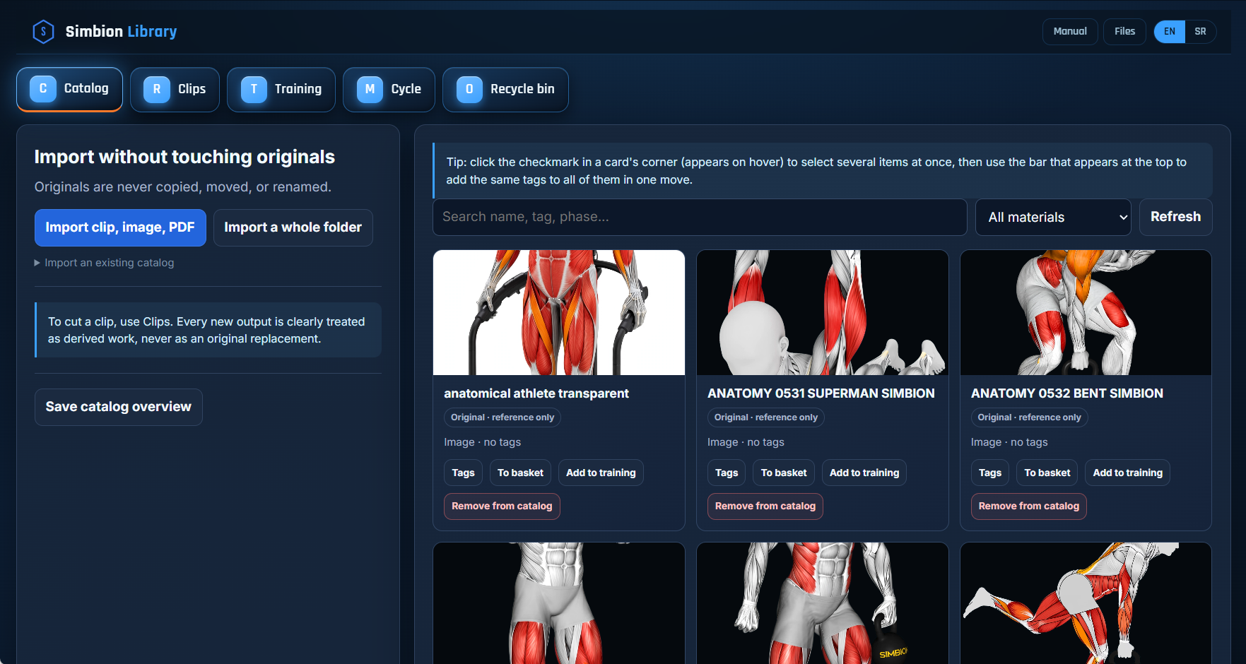 Simbion Library catalog with anatomical reference