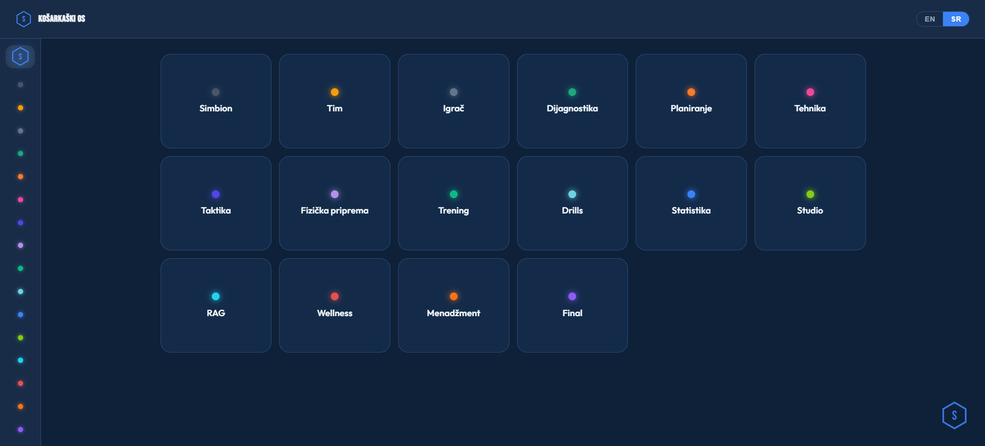Simbion OS — 16-column dashboard: Tim, Igrač, Dijagnostika, Planiranje, Taktika, Fizička priprema, Trening, Drills, Statistika, Studio, RAG, Wellness, Menadžment, Final