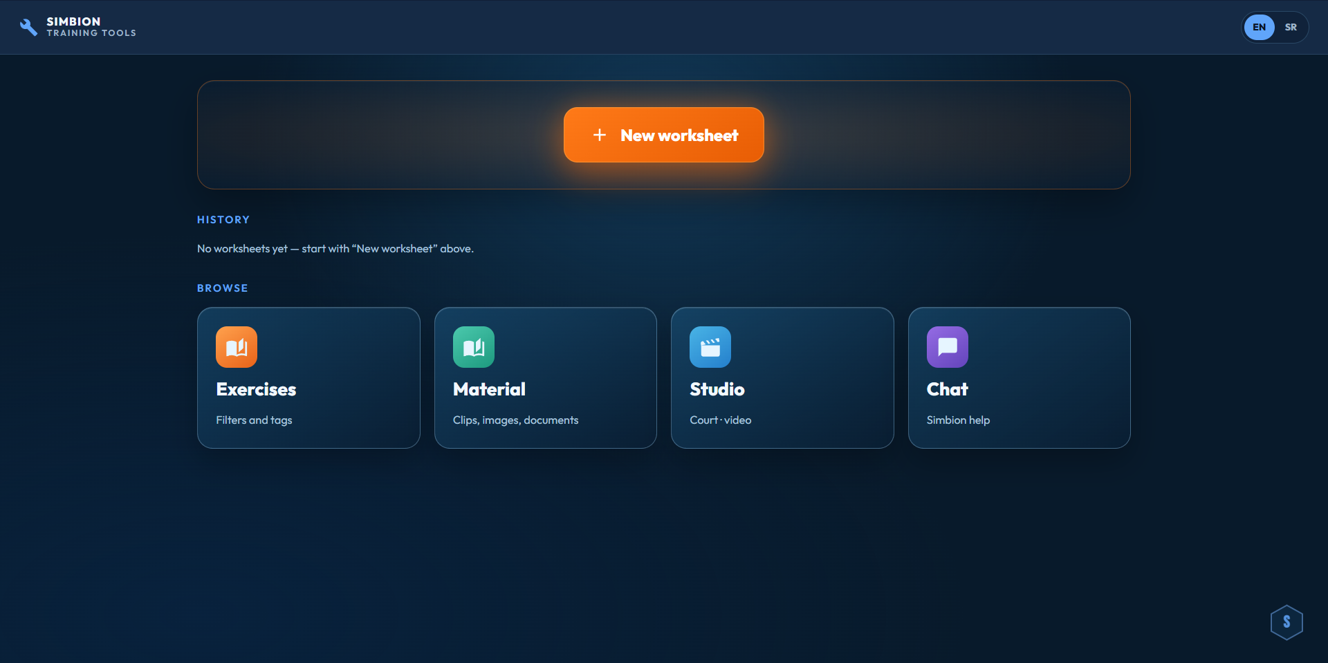 Simbion Training Tools home — New worksheet, Exercises, Material, Studio, Chat